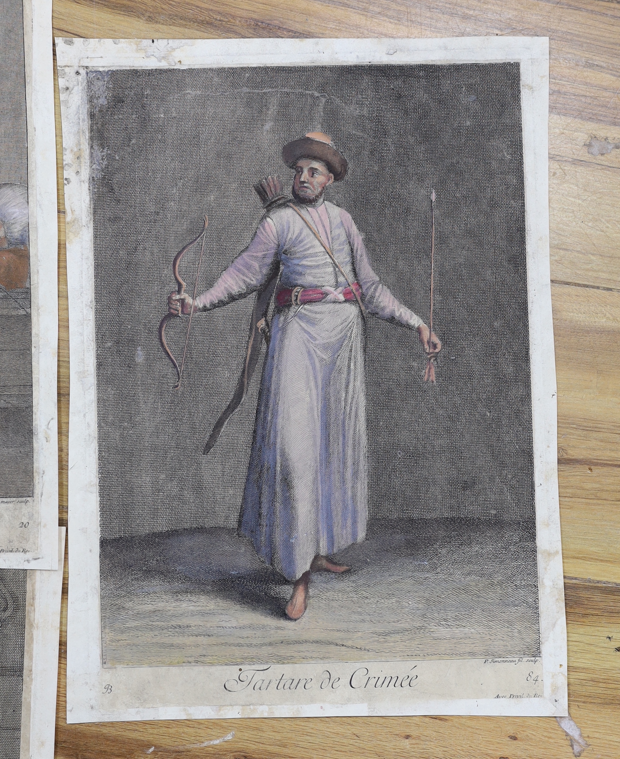 After Jean Baptiste Vanmour (Flemish/French, 1671-1737), a collection of eight hand coloured engravings of Turkish costumes, together with a small collection of hand coloured lithographs relating to Turkey and other Midd